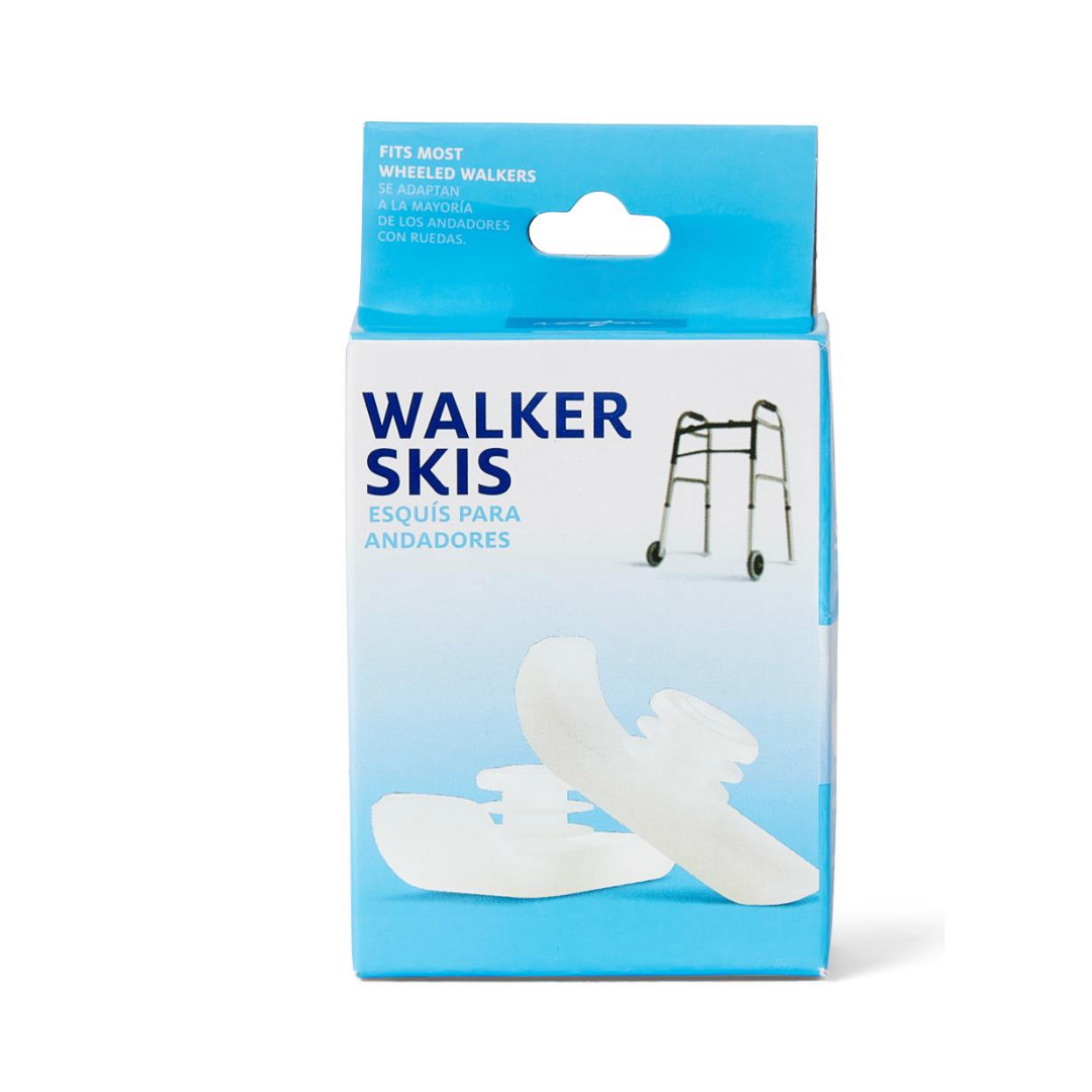 A blue and white package labeled Medline Ski Gliders for Walkers with an image of a walker contains white rear walker glides. It serves as a replacement part and features text in English and Spanish.